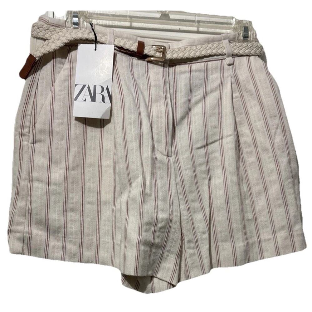 Zara Striped Shorts With Braided Belt Size Small Ecru Cream Red Summer Preppy